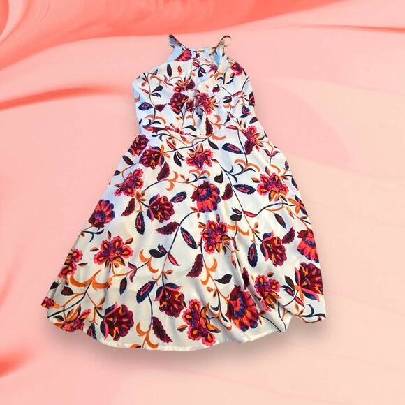 Express Vibrant Pink Cream Floral Mini Fit & Flare Summer Dress Size 4 - Picture 2 of 12